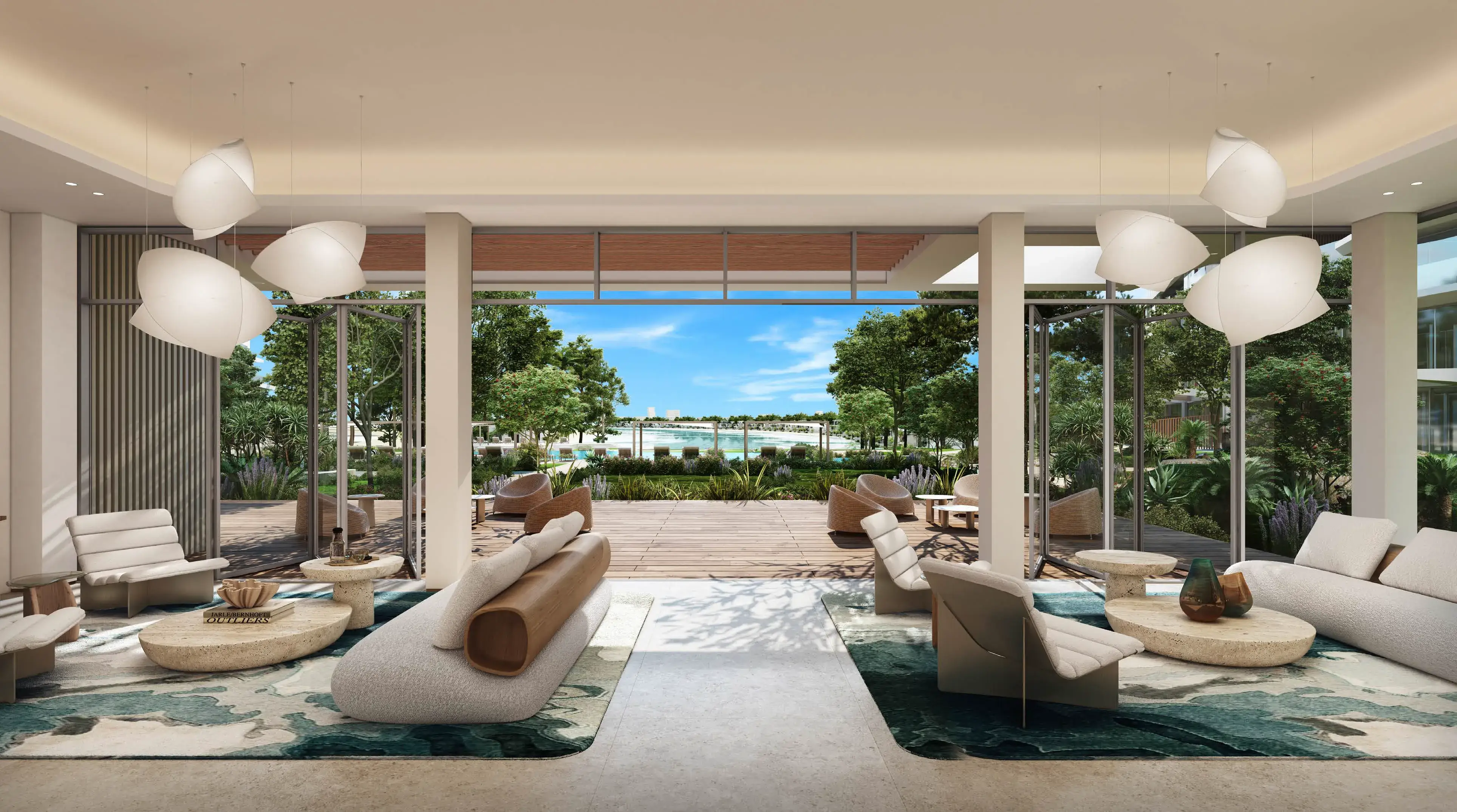 Palm Central lobby lounge with double-height ceilings